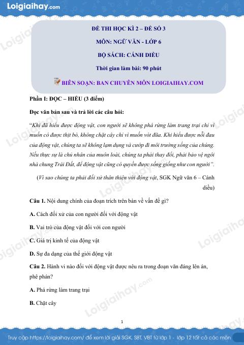 Đề thi học kì 2 Văn 6 Cánh diều - Đề số 3